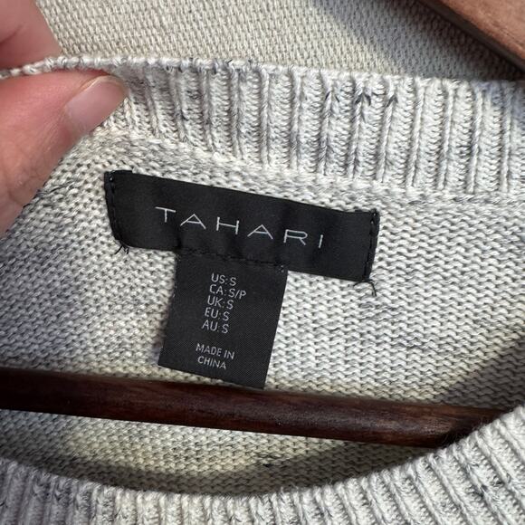 Tahari Sweater Size S Off White Gray 100% Cotton Knit Long Sleeve with Side Slit - Picture 5 of 10